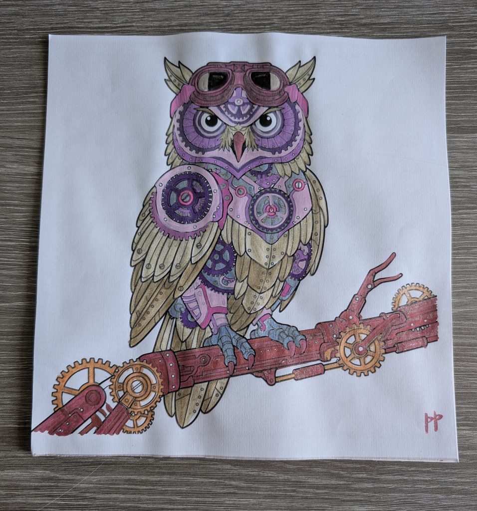 Coloriage - chouette style Steampunk - feutres acryliques