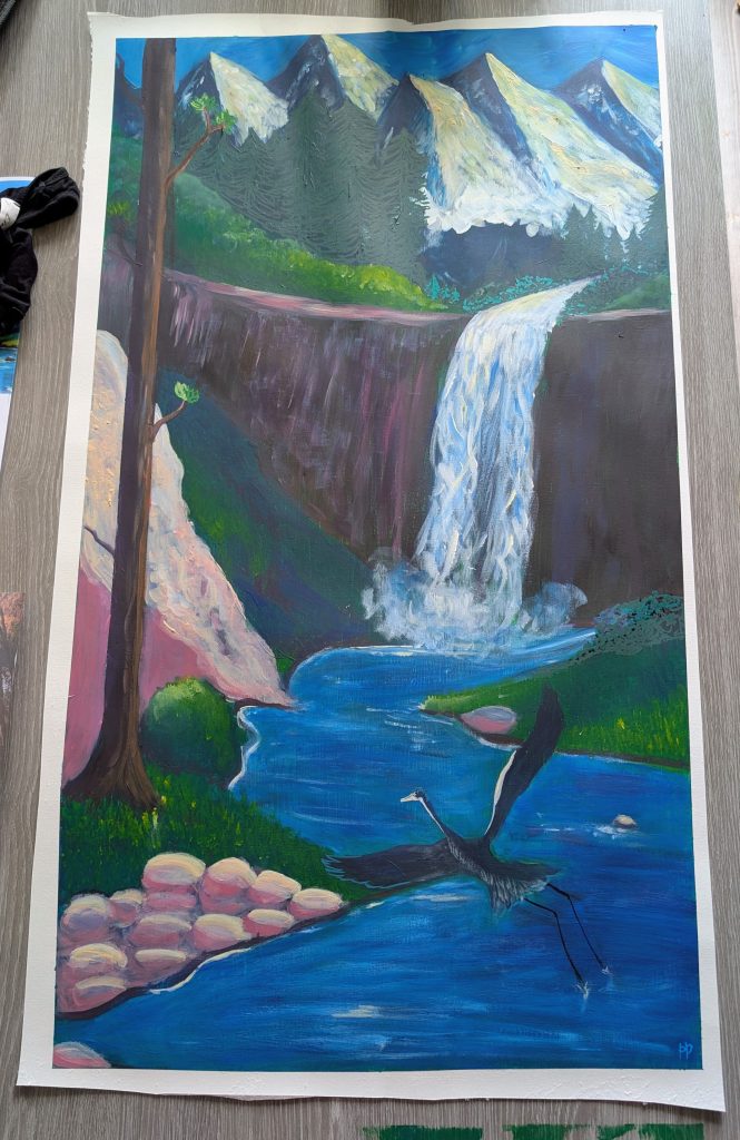 Acrylique - envol du héron sur paysage montagneux